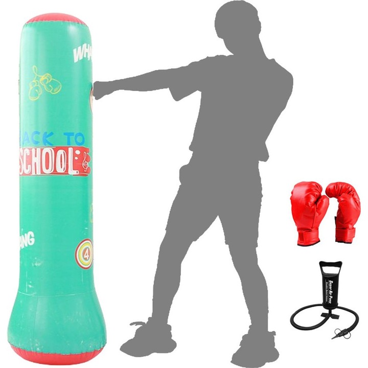 Gyermek boxzsák, felfújható edzőzsák 120 cm, stabil vízzel tölthető alappal, ütésálló, kézi pumpával és kesztyűvel, zöld, 1 db