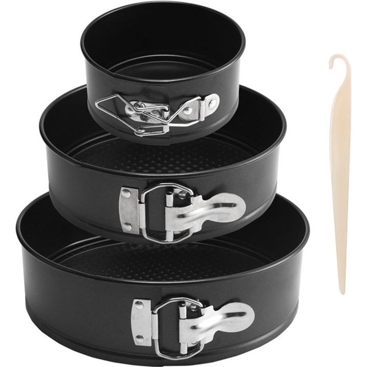 3 darabos szett, Kerek sütőformák 4"/7"/9", levehető aljjal és szorítókapoccsal, tapadásmentes bevonat, fekete