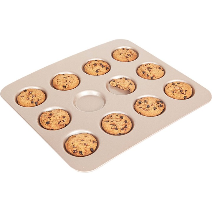 Tava whoopie pitékhez és muffinokhoz, 12 üreges, vastag szénacél, dupla rétegű élelmiszeripari tapadásmentes szilikon bevonat, bézs, 32.6x29.1x1 cm
