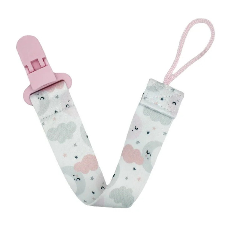 Lant pentru suzeta sau jucarie cu clips, imprimeu, roz cu gri, ETOY®