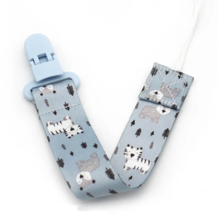 Lant/Snur pentru suzeta sau jucarie cu clips, imprimeu albastru cu animale, ETOY®