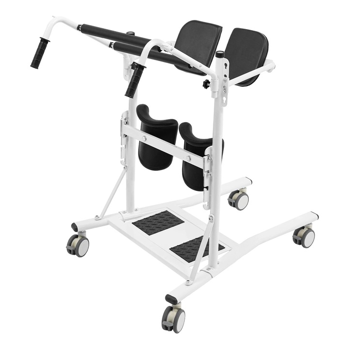 Dispozitiv de ridicare la sprijin, Transfer pacienti, Antiderapant, 120 kg capacitate, Perne sezut si genunchi 3 trepte (5 cm), Otel carbon, 63×82×119 cm, Negru/Alb