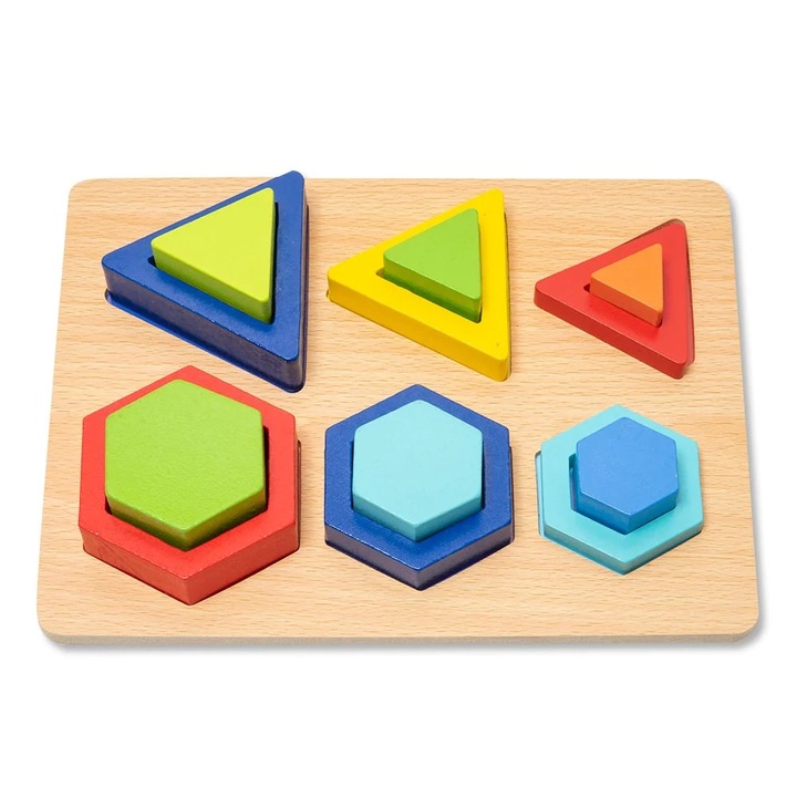Puzzle 3D Montessori din lemn cu forme geometrice colorate - 12 piese, ETOY®