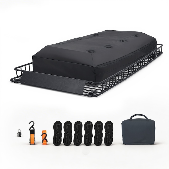 Cos portbagaj plafon auto, Suport bagaje acoperis SUV si camion, 228, 6 x 127 x 15, 2 cm, Sarcina 113, 4 kg, Geanta impermeabila, Chingi cu clichet, Negru