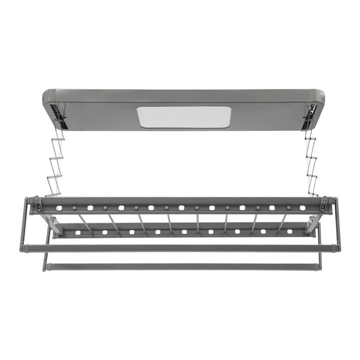 Kihúzható elektromos ruhaszárító, mennyezeti rögzítés, 8 rúd, LED világítás, 35 kg terhelhetőség, távirányító, 138x37x21,5 cm, szürke