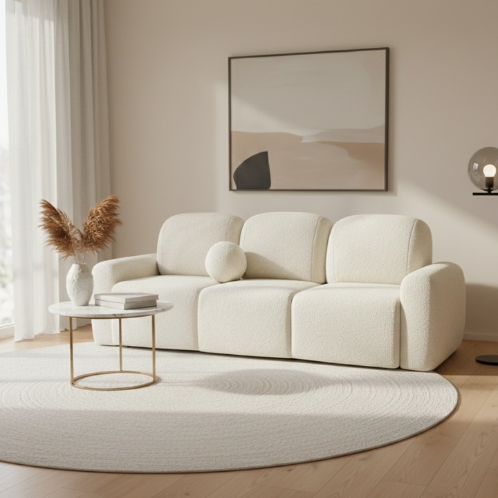 Canapea, MIA Coral 15, 250x105x88 cm, Bej, Trei Locuri, Functie Dormit, Extensibila 145x200 cm, Lada Depozitare, Arcuri Sinuoase, Spuma Elastica, Confort Maxim, Forma Rotunjita, Calitate