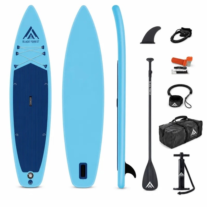 Placa SUP gonflabila Black Forest SUP-4030 320x78x15 cm albastra, set cu accesorii, stabila si rezistenta, pentru paddleboarding pe lac, rau si mare, material anti-alunecare, ideala pentru incepatori si avansati