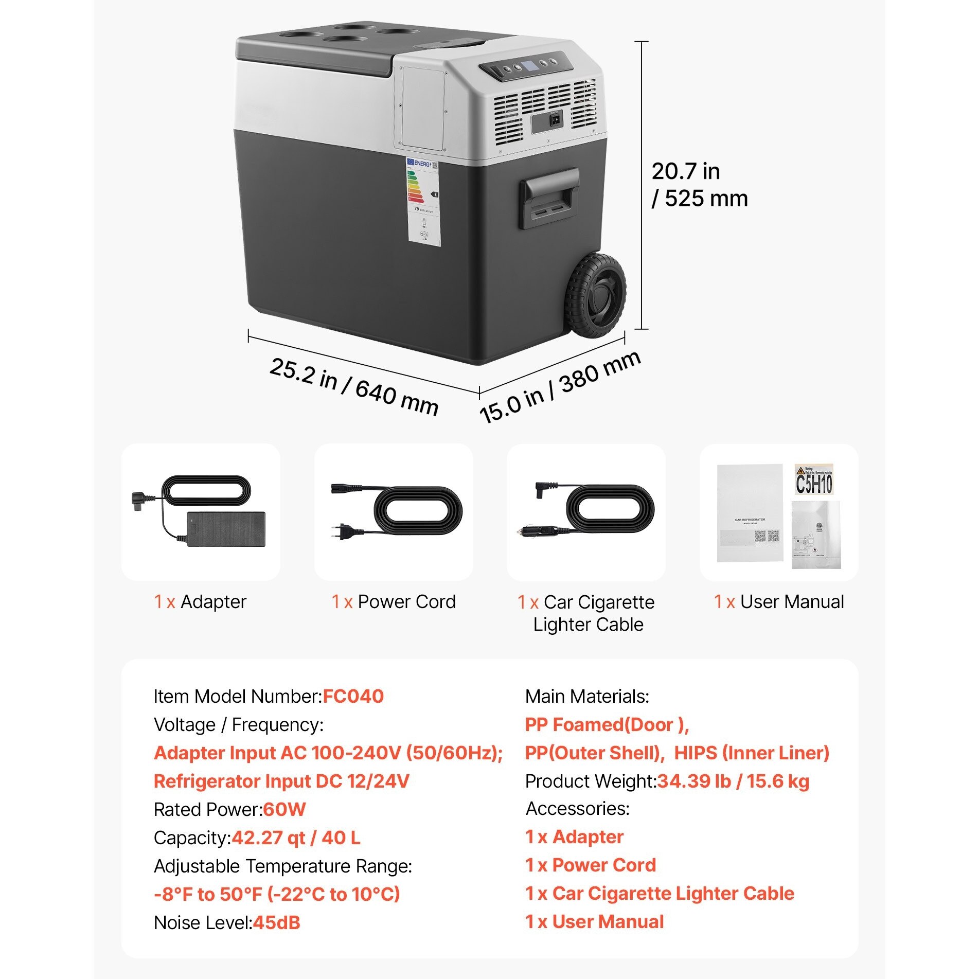Frigider auto 12V, Lada frigorifica portabila 40L, Compresor -22°C la 10°C, Alimentare 12V/24V DC si 100-240V AC, Control prin aplicatie, Maner si roti, Gri
