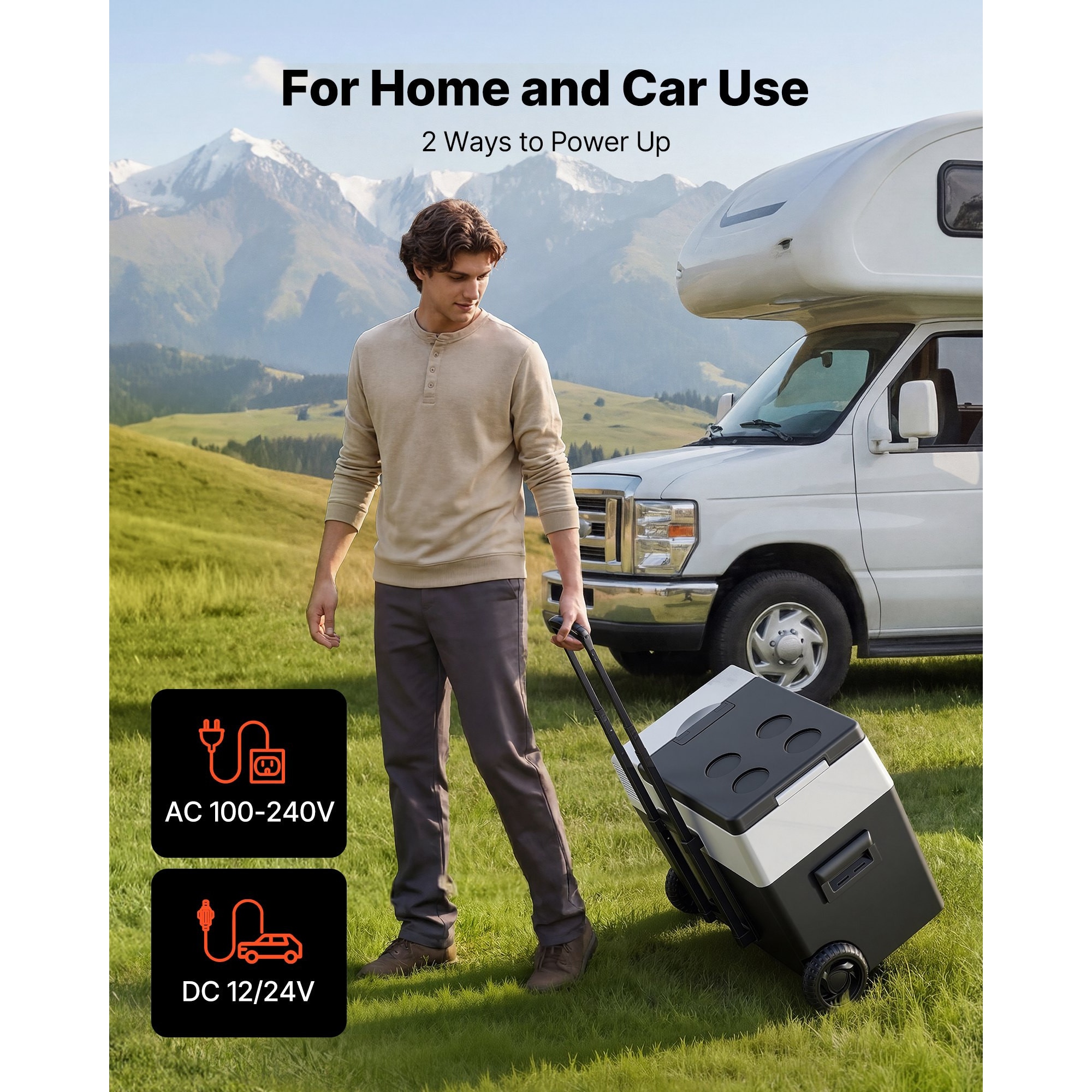 Frigider auto 12V, Lada frigorifica portabila 40L, Compresor -22°C la 10°C, Alimentare 12V/24V DC si 100-240V AC, Control prin aplicatie, Maner si roti, Gri
