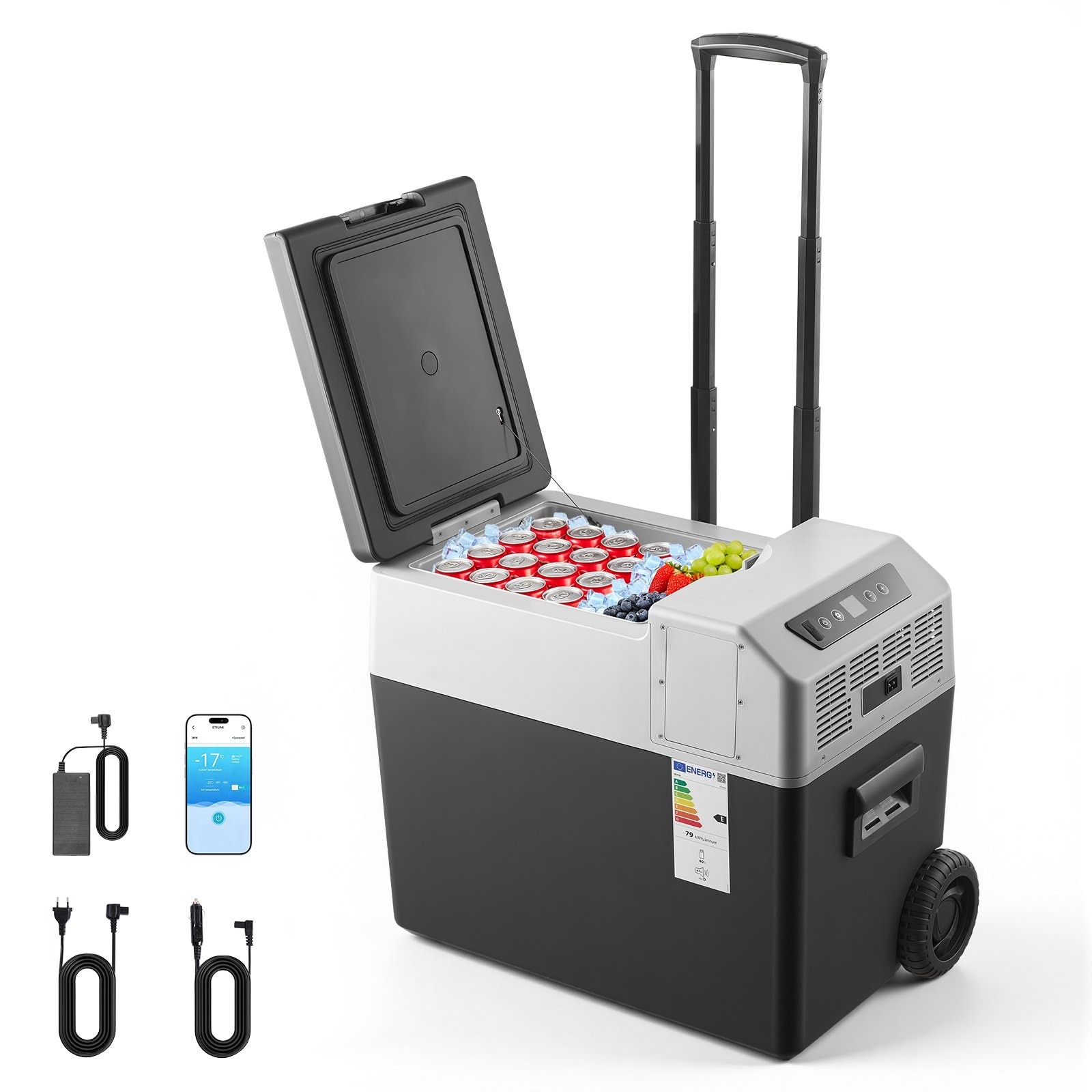 Frigider auto 12V, Lada frigorifica portabila 40L, Compresor -22°C la 10°C, Alimentare 12V/24V DC si 100-240V AC, Control prin aplicatie, Maner si roti, Gri