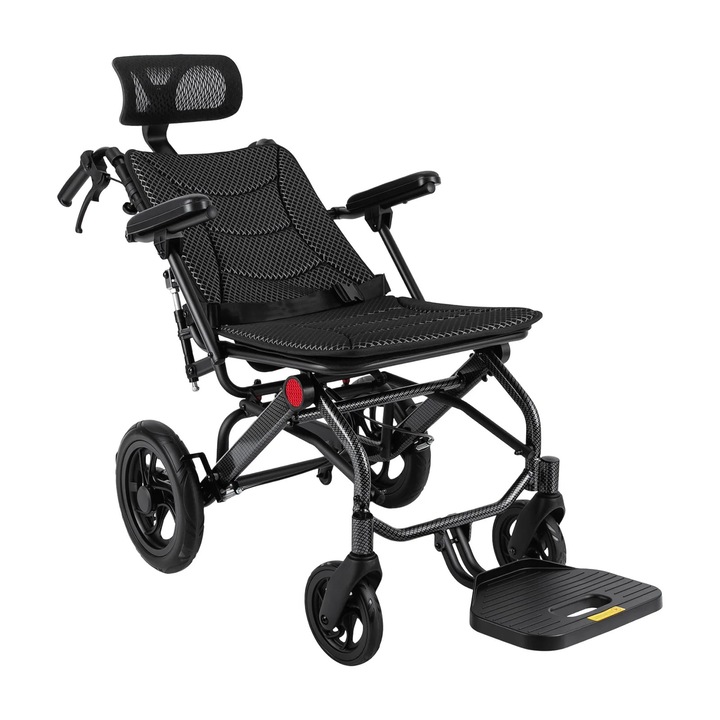 Scaun cu rotile de transport, AC976, Pliabil, Spatar reglabil 90–175°, Sarcina maxima 130 kg, Latime sezut 46 cm, Greutate 12, 9 kg, Negru