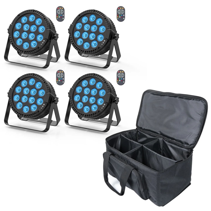 Лампи за сцена и DJ LED PAR, Плосък Par 84W RGBW, 14x6W 4-в-1, DMX512 4/8 канала, Щепсел ЕС, Комплект 4 броя с чанта