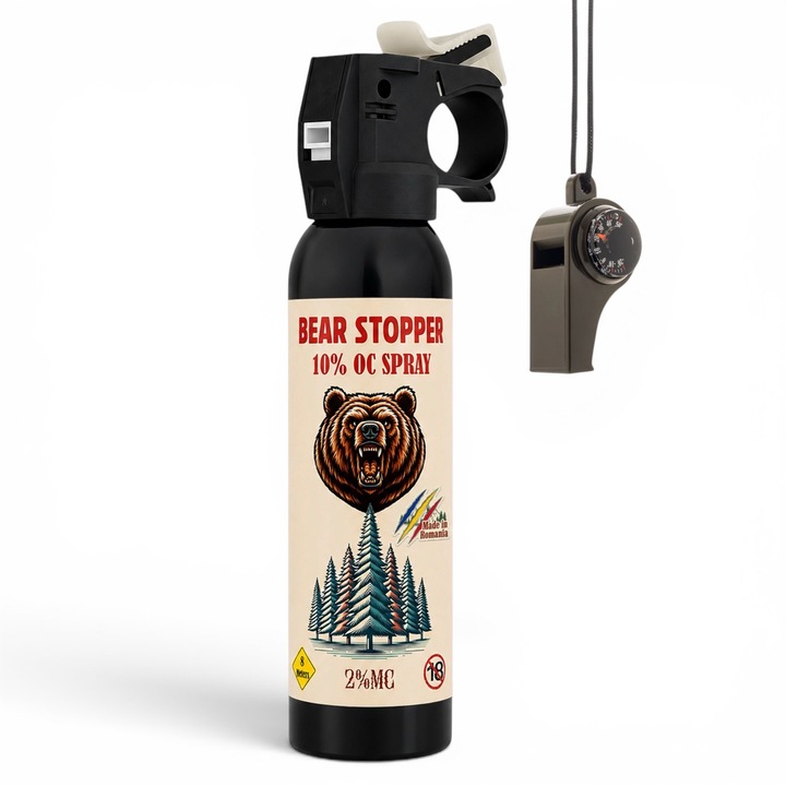 Spray cu Piper Anti Urs Bear Stopper 200 ml + Fluier 3 in 1 cu Busola si Termometru Inclus, Spray Autoaparare Profesional pentru Ursi, Caini, Lupi, Sacali si Animale Salbatice, Raza 10m, Ideal pentru Hiking, Camping, Pescuit si Activitati Outdoor