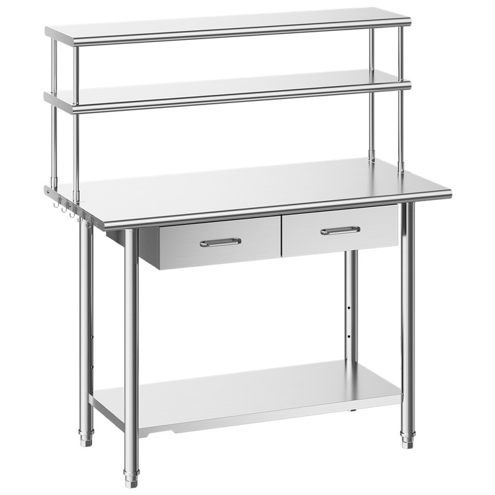 Masa de lucru din inox, Masa de preparare 61x122 cm, Cu suprapolite, Cu 2 sertare, Cu raft inferior reglabil, Pentru bucatarie profesionala, Pentru restaurant si garaj