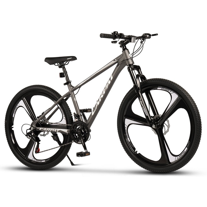 Bicicleta MTB cu Roti Magneziu de 27 "5", Cadru Aluminiu, Schimbator Shimano, 21 Viteze, Manete Secventiale, gri/argintiu, Mountain Bike Carpat Evolution 2.7 Genius cu Frane Disc si Cabluri integrate