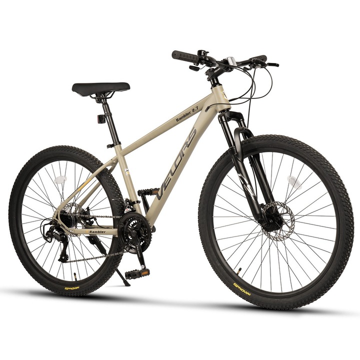 Bicicleta MTB cu Roti de 27 "5", Suspensie fata, Manete Secventiale, Frane DISC, 21 Viteze, Olive/Negru, Mountain Bike Velors Rambler 2.7 cu Cabluri Integrate