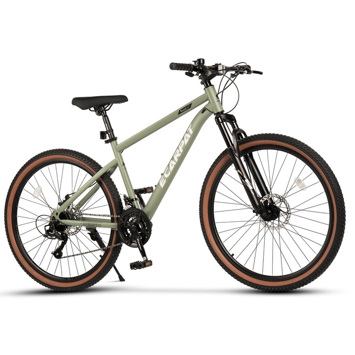 Bicicleta MTB cu Roti de 27 "5", Suspensie fata, Manete Secventiale, Frane DISC, 21 Viteze, Olive/Alb, Mountain Bike Carpat Boost 27 " cu Cabluri Integrate si Cauciucuri cu banda Maro