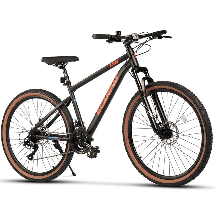 Bicicleta MTB cu Roti de 27 "5", Suspensie fata, Manete Secventiale, Frane DISC, 21 Viteze, Negru/Rosu, Mountain Bike Carpat Boost 27 " cu Cabluri Integrate si Cauciucuri cu banda Maro