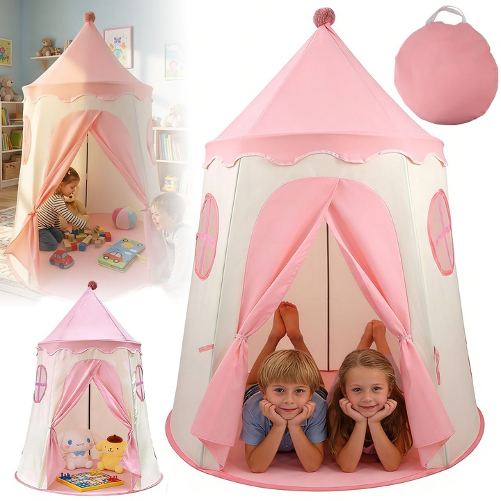 Cort de joaca pentru copii, Castel de basm de vis.Cu pompoane decorative, 2 ferestre din plasa, genti de depozitare si 5 tije de sustinere.Pliabil, transport usor. Usor de curatat.Structura robusta, calitate excelenta.interior/exterior.150x110cm