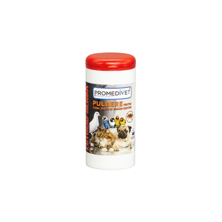 Pulbere Ectocid Antiparazitara, adjuvant in tratamentul infestatiilor cu Pureci, Capuse si Paduchi la Caini, Pisici si Pasari de colivie, 10g