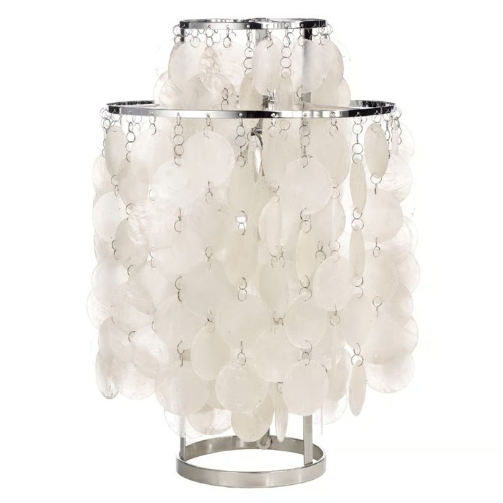 Lampa de masa Verpan Fun 2TM, lampa de noptiera, cu discuri din masa perlata naturala, cadru metalic din otel inoxidabil, Alb, O 27 cm, H 43 cm