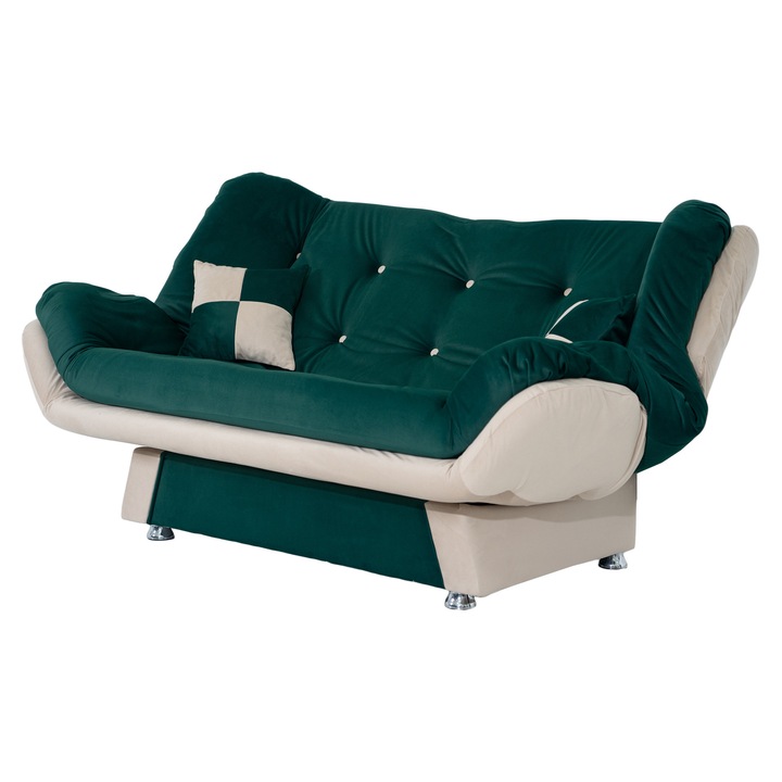 Canapea Extensibila LALE, Verde/ Bej, Stofa Catifelata, 3 Locuri, Functie Pat 130 X 190, 182 x 95 x 95cm
