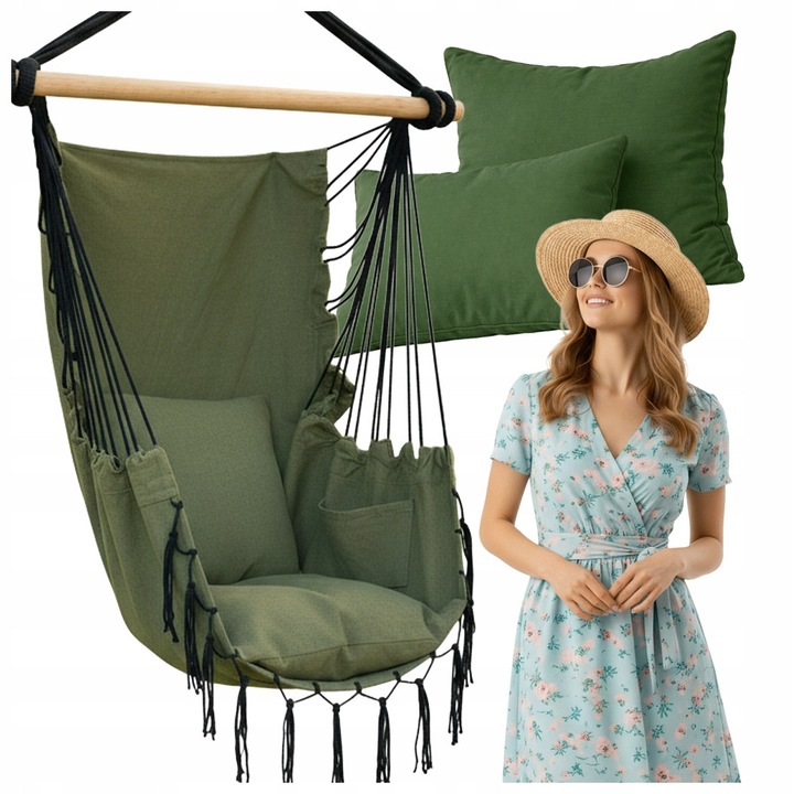 Fotoliu suspendat brazilian, cu perne incluse, bara din lemn, pentru interior si exterior, 150 Kg, verde