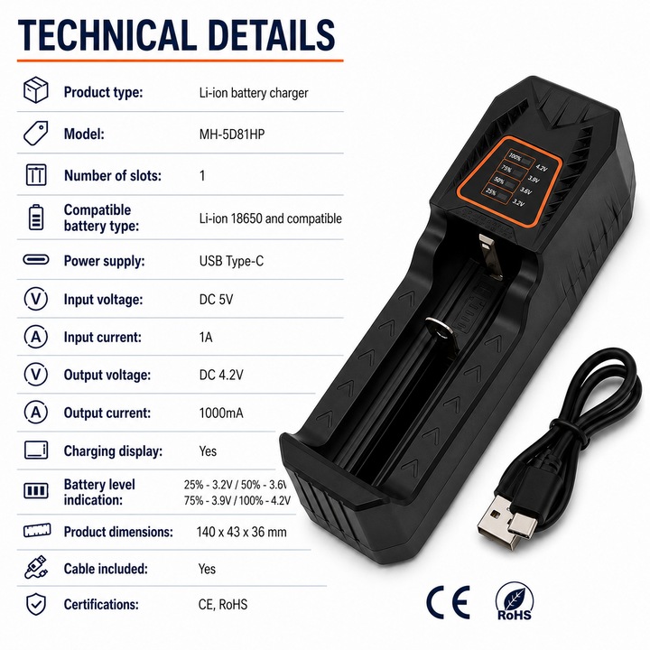 Incarcator acumulatori 18650 Li-ion USB Type-C 4.2V 1A