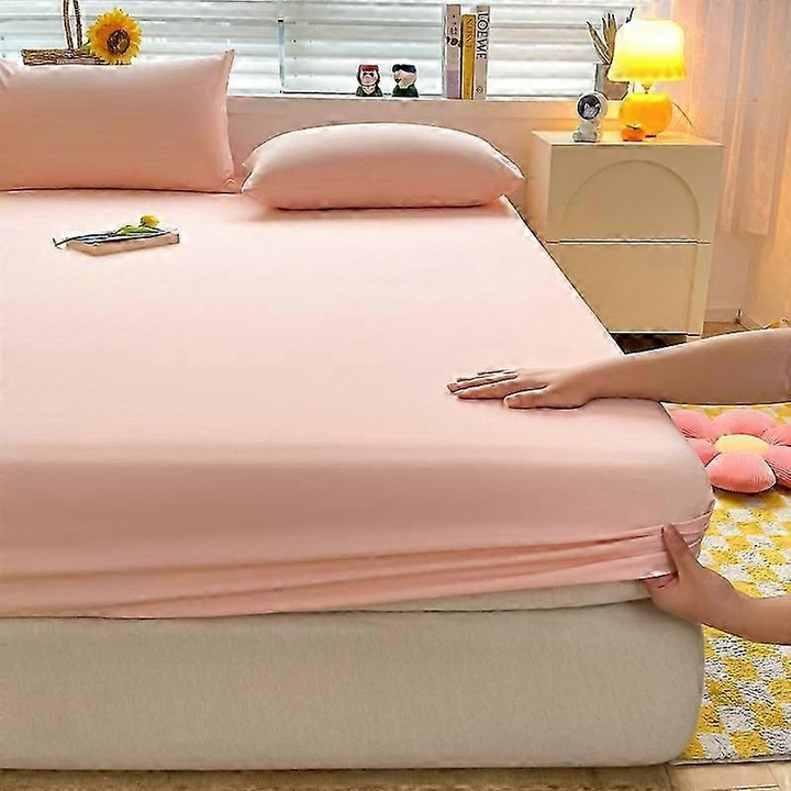 Cearsaf de pat din bumbac moale, cu elastic, de culoare uni, husa de saltea pentru pat simplu, dublu, King, Queen 140/150/160/180/200, 180x220x25cm, Cearsaf galben si 6 fete de perna