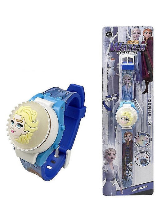 Gyermek digitális óra műanyagból, forgó 3D csillámos figurával, világítással, flip mechanizmussal, Frozen, Kék