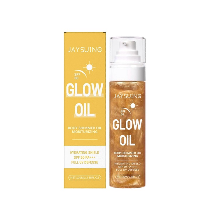 Ulei stralucitor Jaysuing Glow Oil, cu ulei de cocos, SPF 50, hidratant, rezistent la apa, auriu, 100 ml