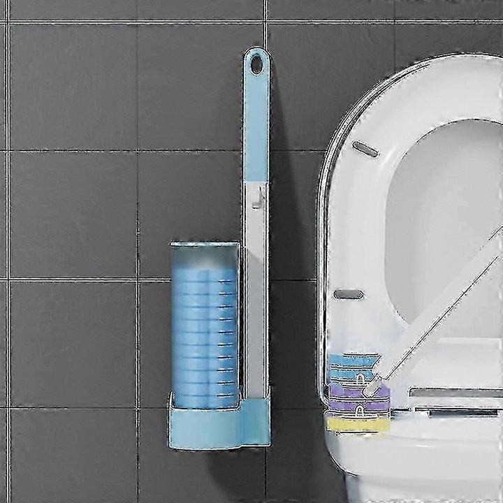 Perie pentru vas WC, perie toaleta cu capete de rezerva, de unica folosinta, montabila pe perete, din PP, Albastru, 1 perie + 6 capete