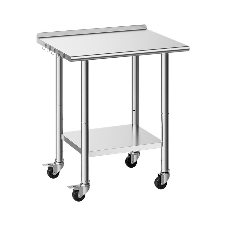 Masa de lucru din inox, Masa preparare alimente 61x76 cm, Cu roti si spatar anti-stropi, Polita inferioara reglabila, Pentru bucatarie profesionala, Restaurant si exterior