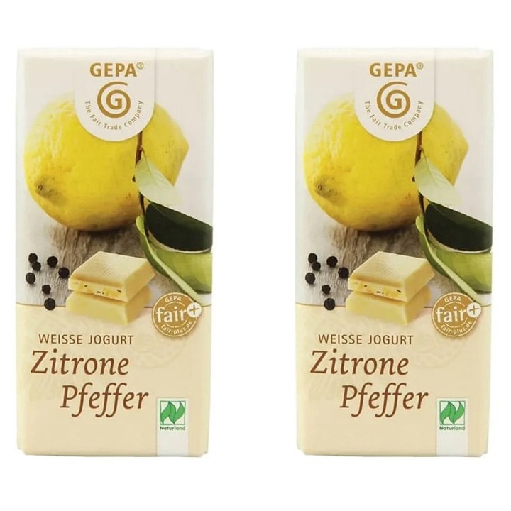 2 x Bio fehér csokoládé joghurttal, citrommal és borssal, 40g Gepa