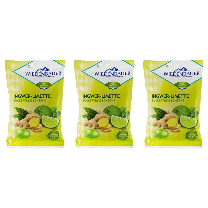 3 x Cukormentes gyömbéres és lime-os cukorka, 75g Wiedenbauer