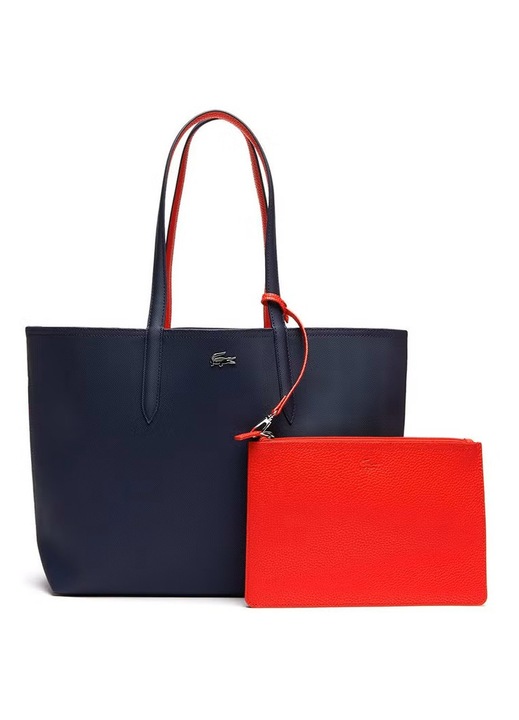 Lacoste, Geanta shopper din piele ecologica cu aspect texturat Petit, Genti dama Large Albastru si rosu Reversible Tote Bag