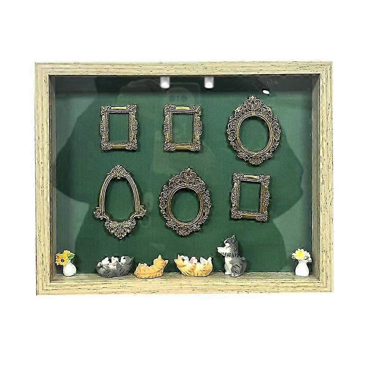 Mini múzeum DIY készlet, fa és ABS sziluett doboz, 8 arany képkerettel és 8 miniatűr figurával, natúr/zöld, 1 szett, 25 x 25 cm