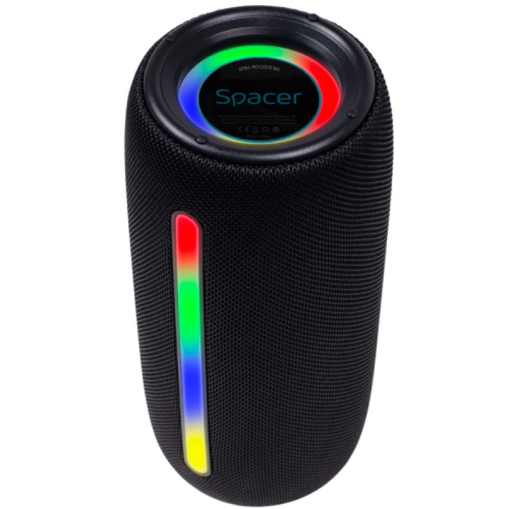 Boxa Spacer hordozható bluetooth, ROCKER-BK, RMS: 10W (5W x 2), RGB, 1800mAh akkumulátor, akár 5 óra üzemidő, akár 10m hatótávolság, AUX, FM rádió, microSD, USB, USB Type-C töltés, fekete