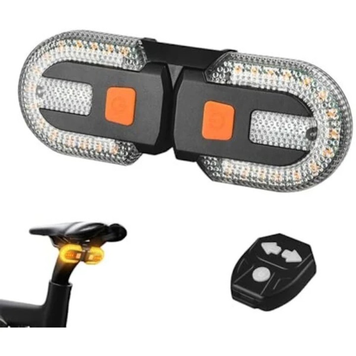 Elektromos roller irányjelző / jelzőfény, USB-ről tölthető 600mAh, 5 üzemmódú távirányítóval és szerszámmentes gyors rögzítéssel, vízálló, sárga/piros, 1 szett