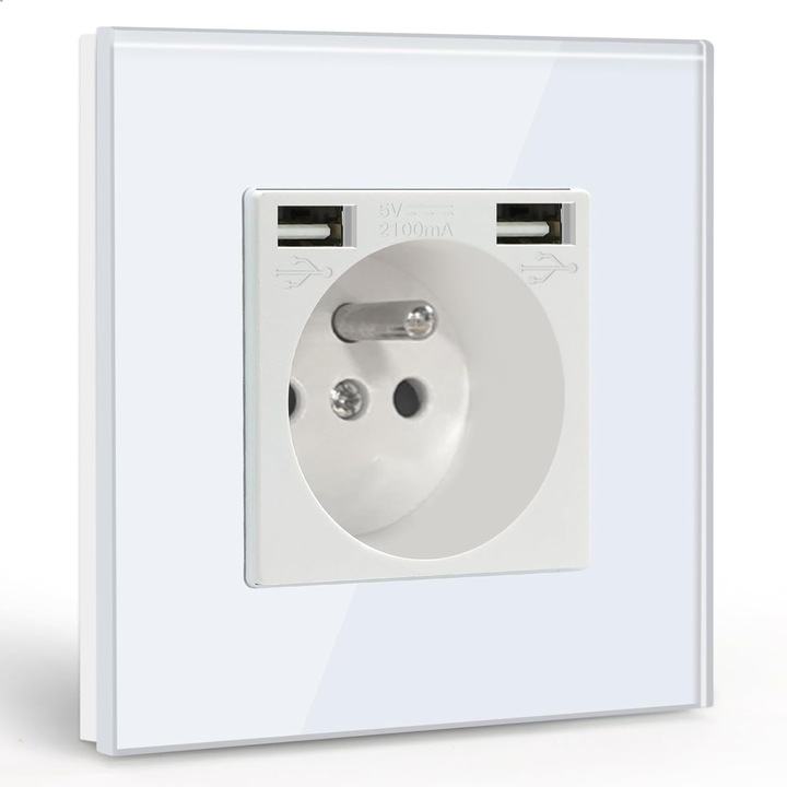 Стенен контакт с 2 USB порта, 16A AC контакт със стъклен панел, удължител за стена макс. 2.1A, подходящ за смартфони и таблети (1 контакт с 2 USB порта, бял)