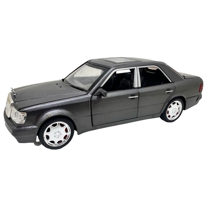 Mercedes Benz E500 AMG W124 modellautó, szürke, 1:28 méretarányú fém replika, fényekkel és hangokkal, funkcionális ajtók, motorháztető, csomagtartó