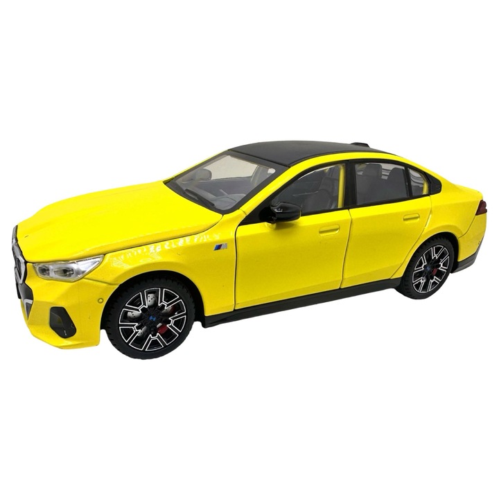 BMW 5-ös Sorozat 530i G60 M Sport modellautó, sárga, 1:24, fém, fényekkel és hangokkal, nyitható ajtók, motorháztető és csomagtartó