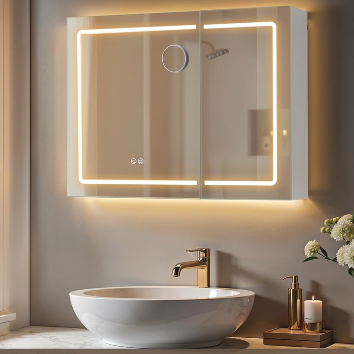 Dulap pentru baie cu oglinda si iluminare LED reglabila, functie anti-abur, USB si prize integrate, 80x17x60 cm, alb