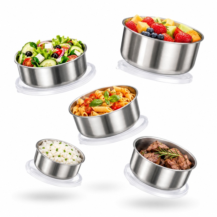 Set 5 Caserole Alimentare din Inox cu Capace, 240 ml + 370 ml + 605 ml + 835 ml + 1200 ml, Recipiente pentru Depozitare Alimente, Reutilizabile, pentru Frigider si Bucatarie, Dalimag