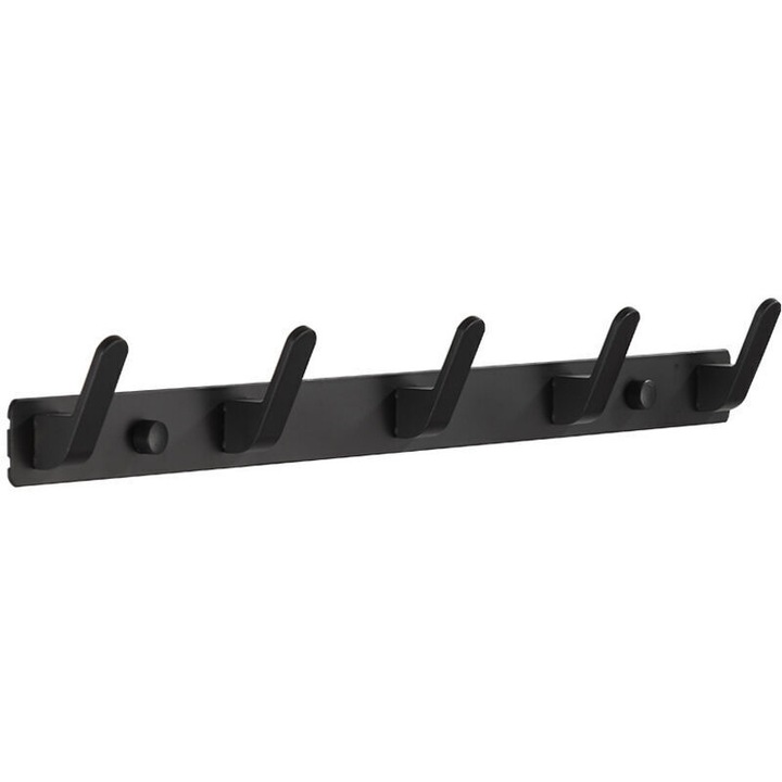 Cuier de perete suport haine, 5 carlige, din aluminiu rezistent la coroziune, finisaj mat, negru, 45 x 3.3 cm, 1 buc