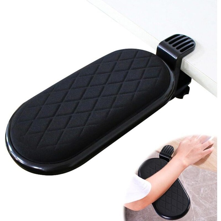 Suport pentru antebrat si incheietura, reglabil 180°, ergonomic cu memory foam, cu clema pentru birou si acasa, Negru, 12 x 28 cm