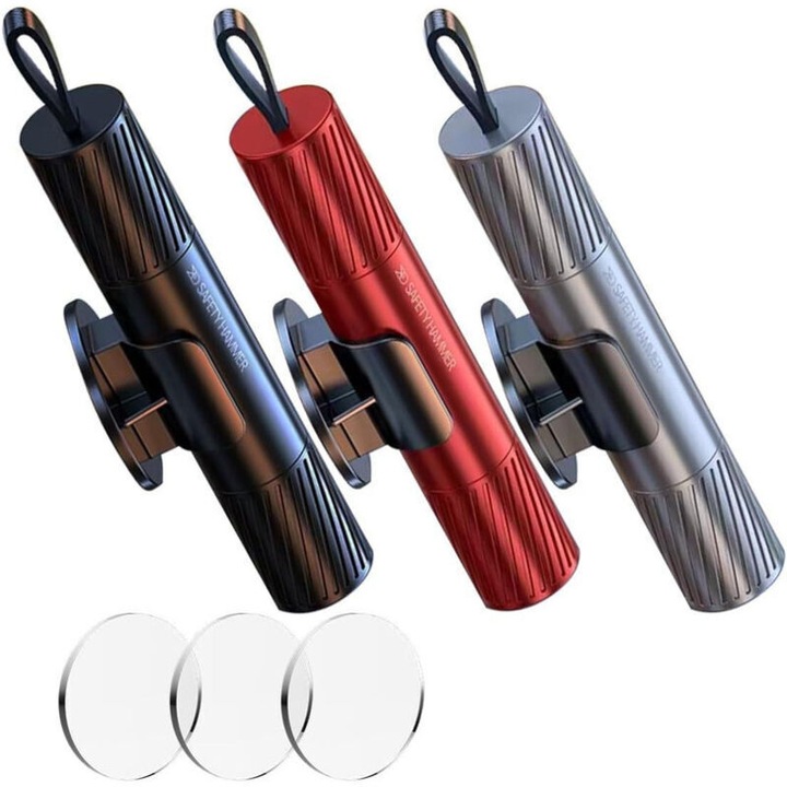 Set 3 piese ciocan siguranta auto 2in1, cutter centura, spargator geam, otel tungsten inoxidabil