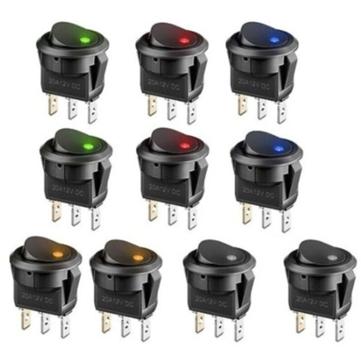 Billenőkapcsoló/LED kapcsoló SPST 12V 20A, kerek, önzáró, PA66 ház, ezüstözött érintkezők, többszínű, 8 darab