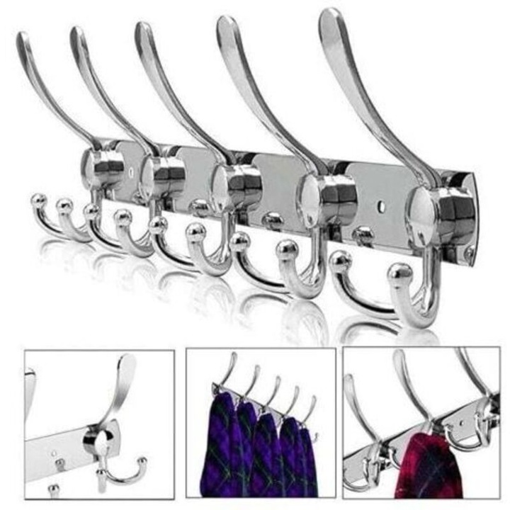 Cuier mural Forehill din otel inoxidabil, suport haine, antirugina, capacitate 10-15 kg pe carlig, finisaj periat rezistent la zgarieturi si coroziune, inox, 45 x 11.8 cm