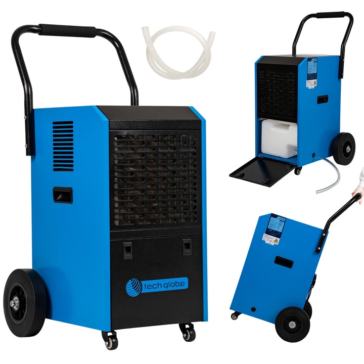 Dezumidificator De Aer Industrial Si De Constructii, Techglobe, Capacitate 55L/24H, Putere 750W, Suprafata Pana La 130 M2, Rezervor 5.5L, Panou Tactil Led, Functie Antifrost, Timer, Drenaj Continuu, Absorbtie Umiditate, Portabil Cu Roti